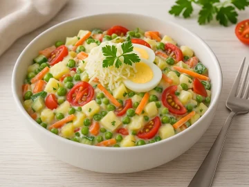 Lausitzer Kartoffelsalat mit Kartoffeln, Gemüse, Apfel, Ei und frischem Meerrettich in einer weißen Schüssel serviert