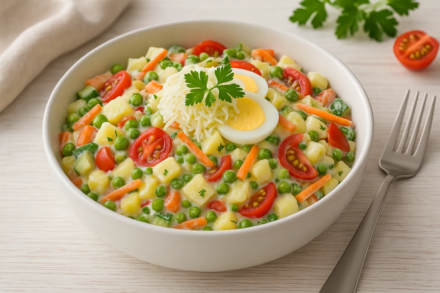 Lausitzer Kartoffelsalat mit Kartoffeln, Gemüse, Apfel, Ei und frischem Meerrettich in einer weißen Schüssel serviert