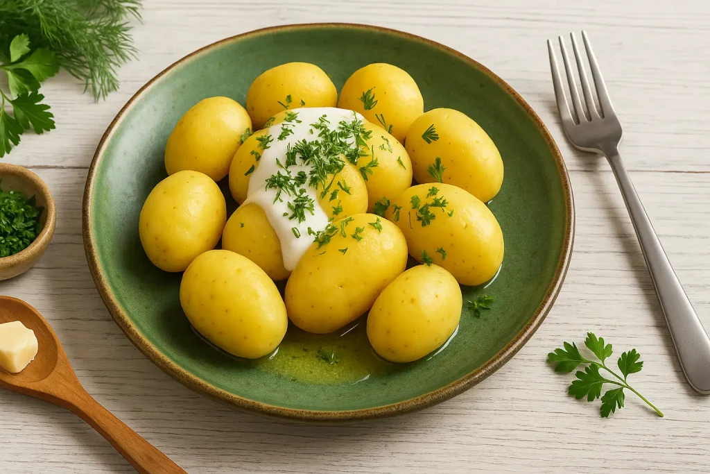  Pellkartoffeln auf grünem DDR-Teller, übergossen mit saurer Sahne, Butter und bestreut mit Kräutern, angerichtet auf hellem Holztisch und dekoriert mit frischen Kräutern und modernem Besteck.