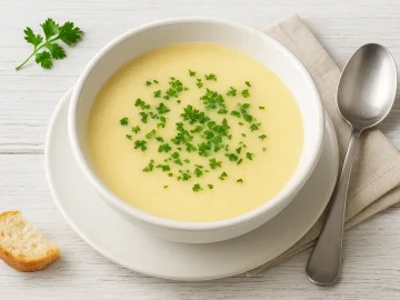 Weiße Suppenschale mit legierter Hühnerbrühe, garniert mit frischer Petersilie, auf weißem Holztisch mit Besteck und heller Serviette