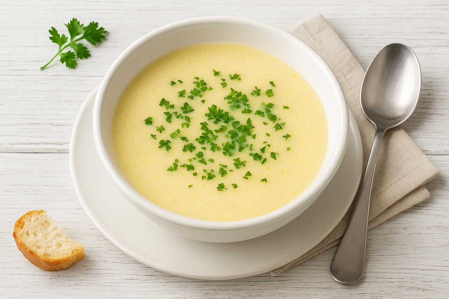 Weiße Suppenschale mit legierter Hühnerbrühe, garniert mit frischer Petersilie, auf weißem Holztisch mit Besteck und heller Serviette
