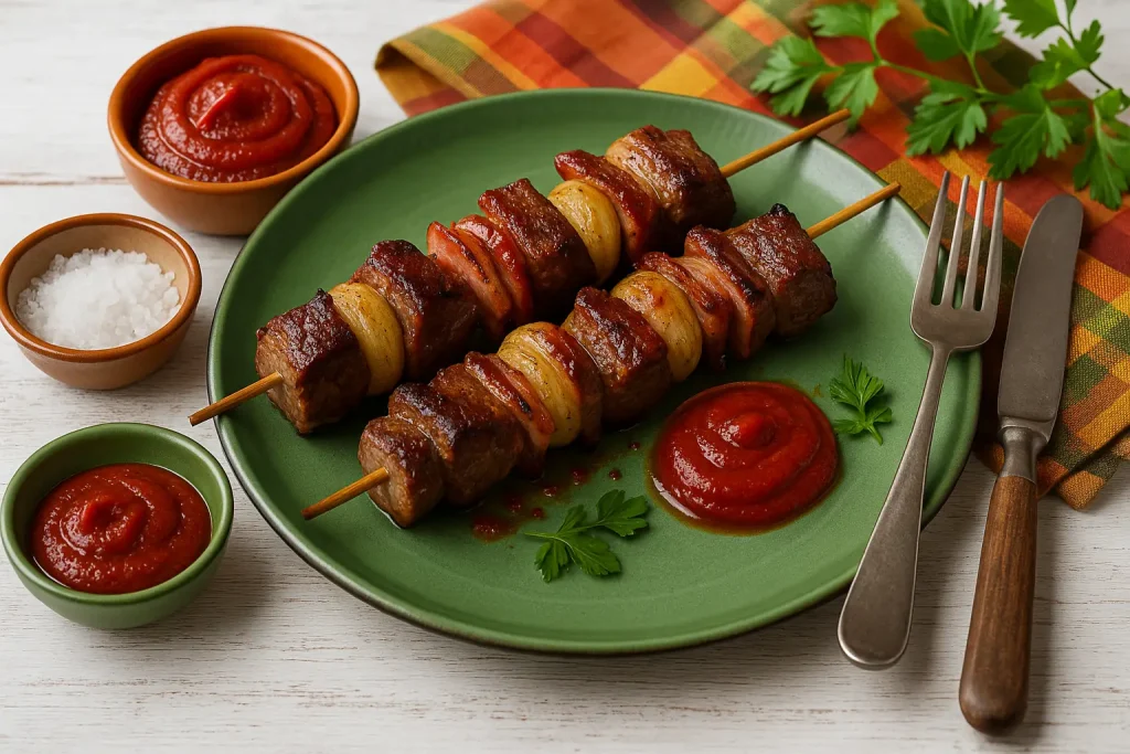  Gegrillte Lendenspieße mit Rindslende, Speck und Zwiebeln, serviert auf grünem Teller mit Tomatenmark und Kräutern auf weißem Holztisch.