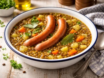 Herzhafte Linsensuppe mit Wiener Würstchen in weißer Emaille-Schüssel auf rustikalem Holztisch angerichtet