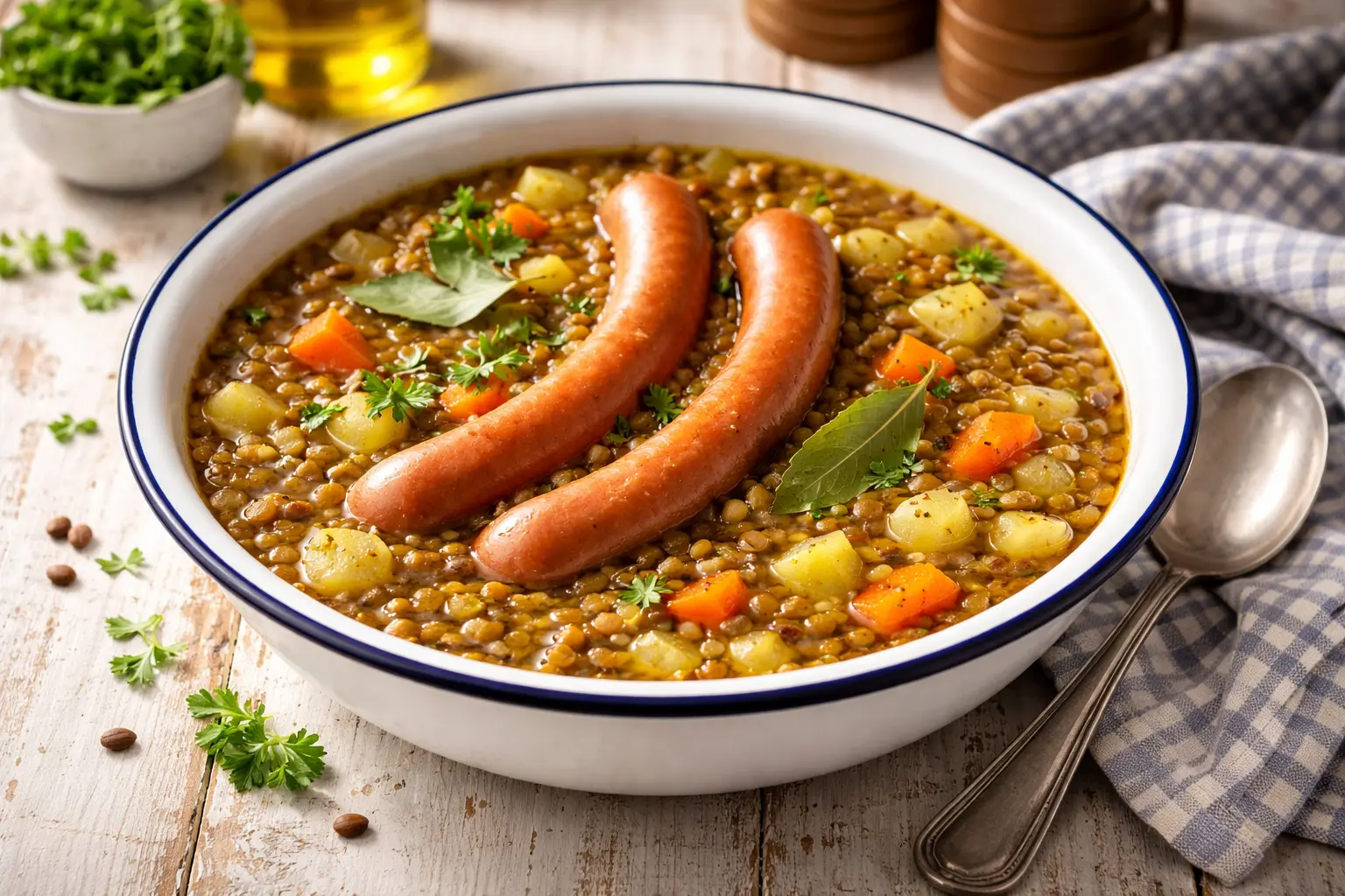 Herzhafte Linsensuppe mit Wiener Würstchen in weißer Emaille-Schüssel auf rustikalem Holztisch angerichtet