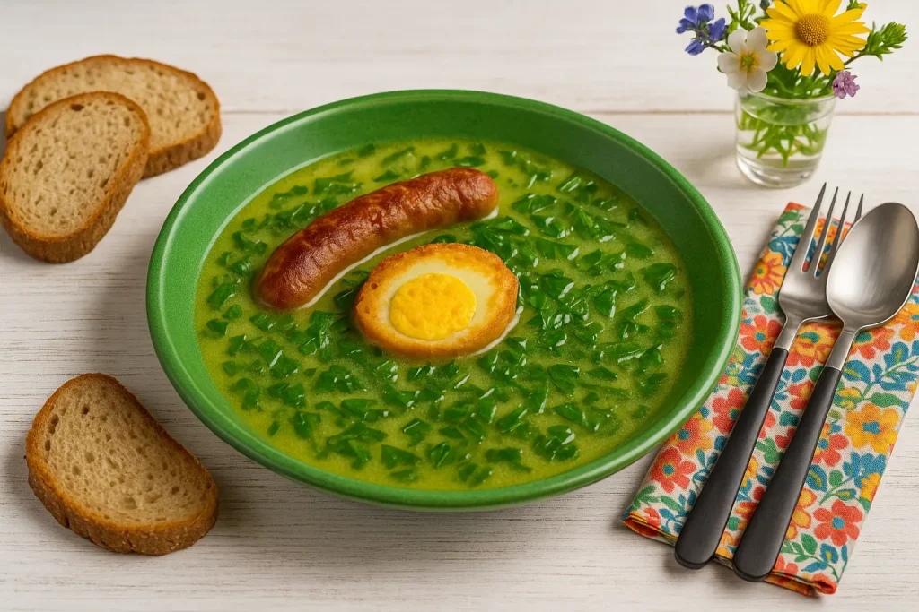 Litauische Kartoffelsuppe mit Sauerampfer, Würstchen und paniertem Ei auf grünem Teller, weißer Holzhintergrund, moderne Deko, Blumen und Brot.