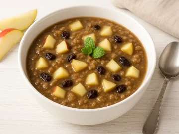 Lüneburger Brotsuppe mit Vollkornbrot, Äpfeln, Birnen und Korinthen in weißer Schüssel serviert