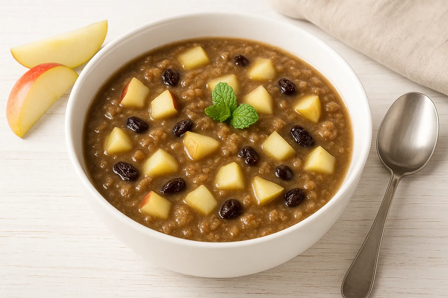 Lüneburger Brotsuppe mit Vollkornbrot, Äpfeln, Birnen und Korinthen in weißer Schüssel serviert