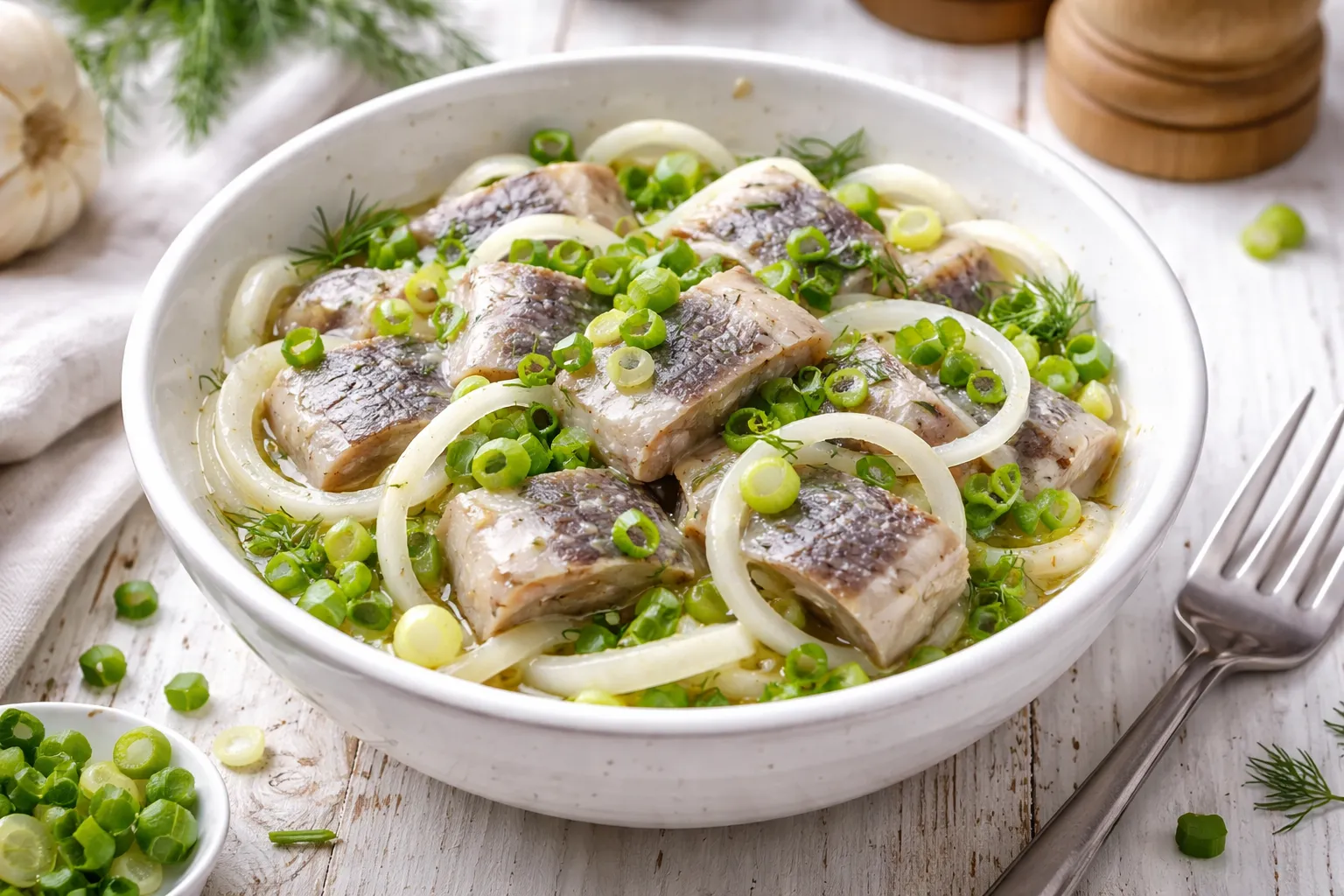 Marinierter Hering mit Zwiebelringen in Öl-Essig-Marinade in einer weißen Schüssel auf weißem Holzhintergrund