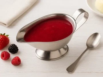 Edelstahl-Sauciere mit roter Marmeladensoße, auf weißem Holztisch mit frischen Beeren und Löffel