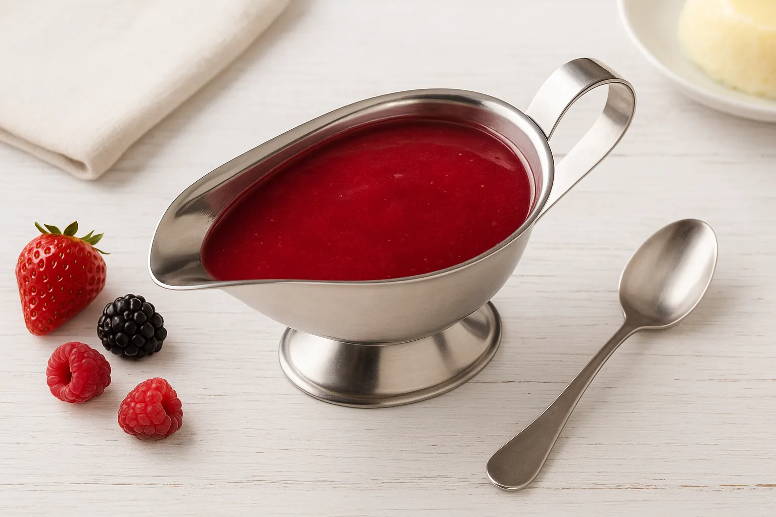 Edelstahl-Sauciere mit roter Marmeladensoße, auf weißem Holztisch mit frischen Beeren und Löffel