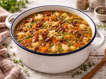 Kräftige saure Suppe mit Speck, Gemüse und Trockenobst in einer Emaille-Schüssel auf rustikalem Holztisch
