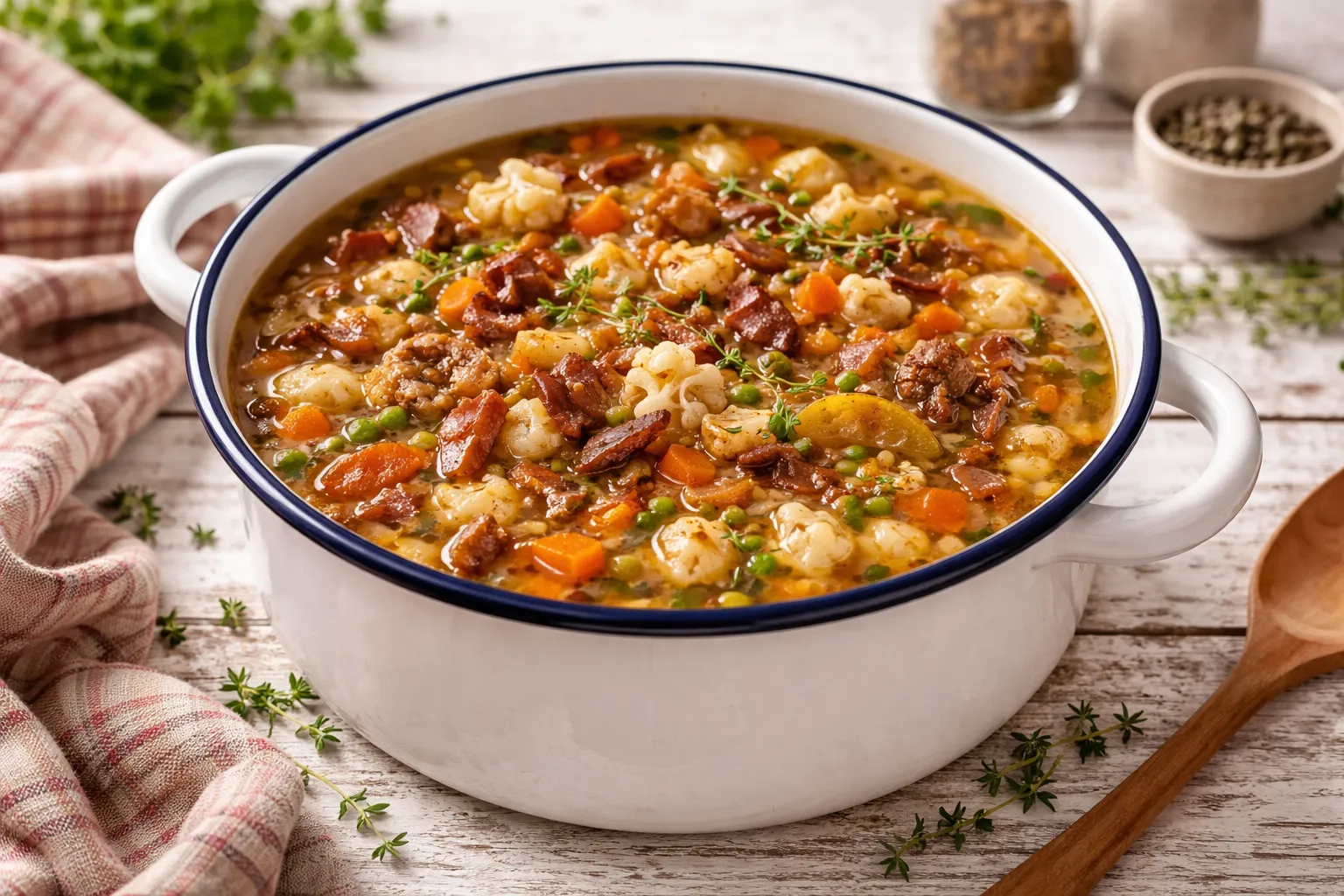 Kräftige saure Suppe mit Speck, Gemüse und Trockenobst in einer Emaille-Schüssel auf rustikalem Holztisch