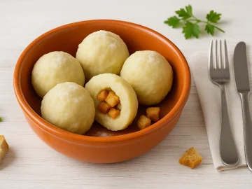 Orange Schüssel mit frisch gekochten Meerrettichklößen, gefüllt mit gerösteten Brotwürfeln, serviert auf weißem Holzhintergrund.