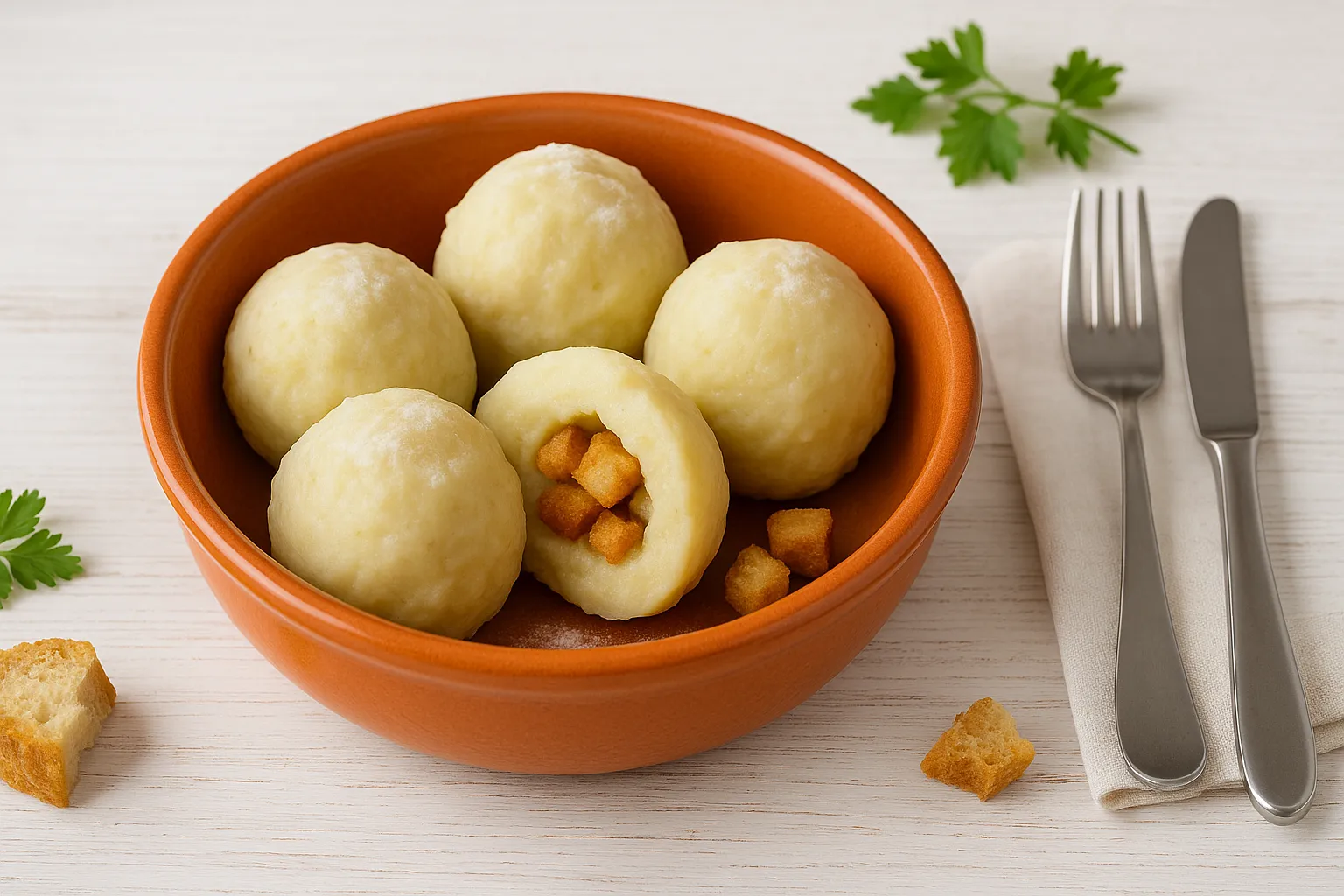Orange Schüssel mit frisch gekochten Meerrettichklößen, gefüllt mit gerösteten Brotwürfeln, serviert auf weißem Holzhintergrund.
