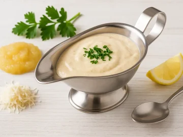 Meerrettichsoße auf schwedische Art in Edelstahlsauciere, dekoriert mit Apfelmus, Meerrettich und Kräutern auf weißem Holztisch.