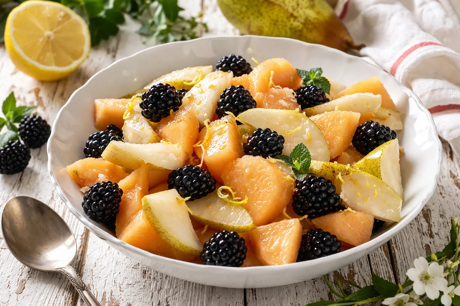 Frischer Melonensalat mit Birnenstücken und Brombeeren in einer weißen Schüssel auf Holztisch
