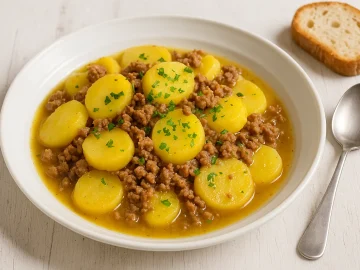 Mettkartoffeln mit Hackfleisch, Zwiebeln und Kräutern in weißem Teller, serviert auf weißem Holztisch mit Löffel und Brot