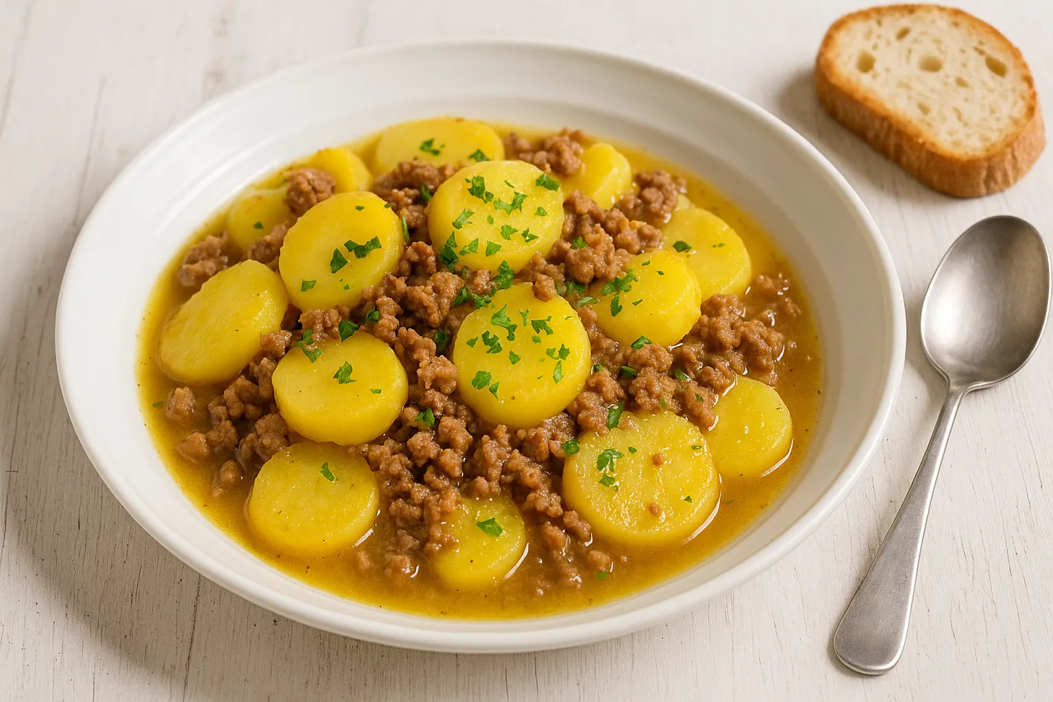Mettkartoffeln mit Hackfleisch, Zwiebeln und Kräutern in weißem Teller, serviert auf weißem Holztisch mit Löffel und Brot