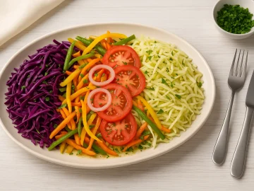 Mexikanischer Salat mit Kohl, Paprika, Tomaten und Zwiebeln auf Platte mit Vinaigrette serviert