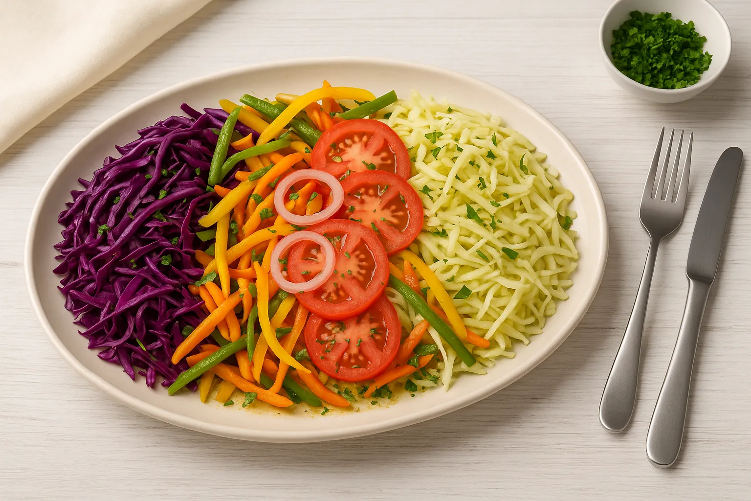 Mexikanischer Salat mit Kohl, Paprika, Tomaten und Zwiebeln auf Platte mit Vinaigrette serviert
