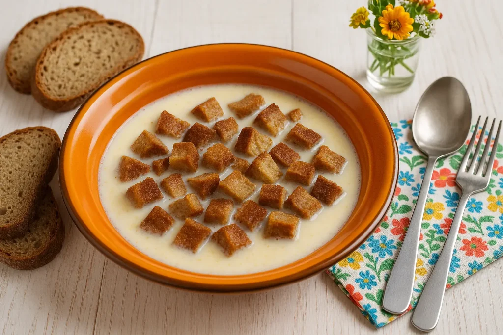  Milch-Brot-Suppe mit gerösteten Brotwürfeln in heißer Milch, serviert auf rustikalem orangefarbenem DDR-Teller, dekoriert auf weißem Holz mit Blumen und modernem Besteck.