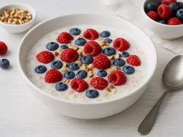 Milchsuppe mit Haferflocken, frischen Beeren und Nüssen in weißer Suppenschüssel auf hellem Holzhintergrund