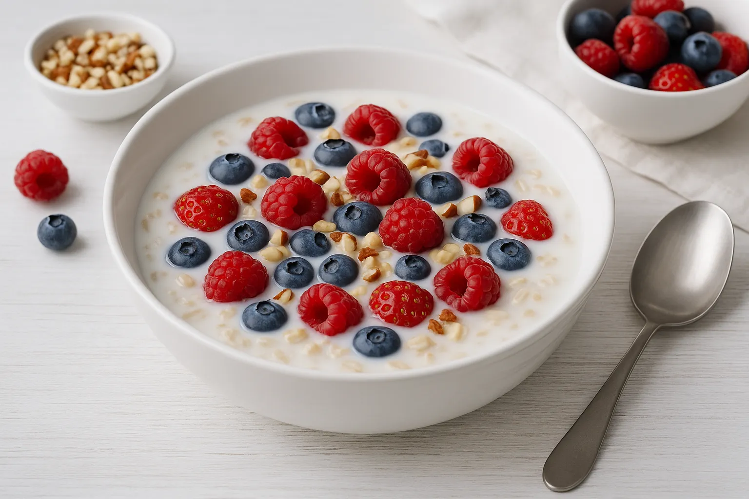 Milchsuppe mit Haferflocken, frischen Beeren und Nüssen in weißer Suppenschüssel auf hellem Holzhintergrund
