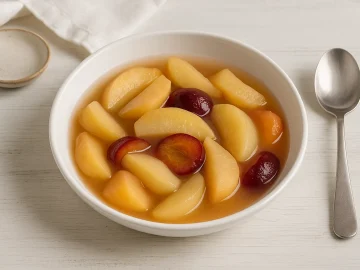 Weiße Schüssel mit Mischobstkompott aus Äpfeln, Birnen und Pflaumen auf weißem Holzhintergrund