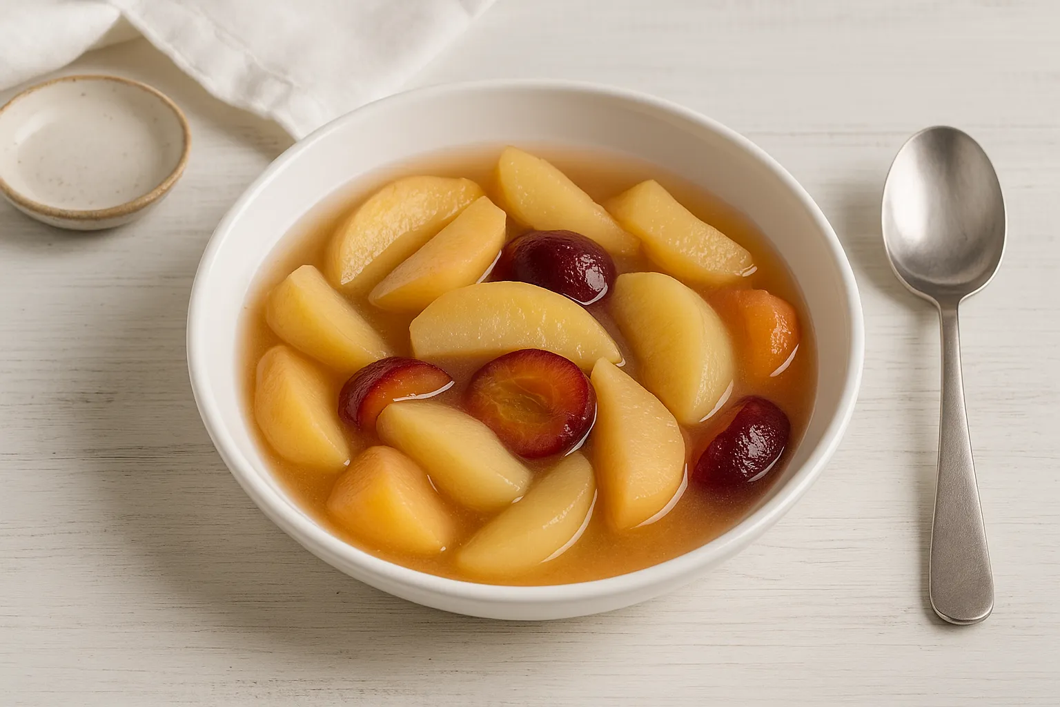 Weiße Schüssel mit Mischobstkompott aus Äpfeln, Birnen und Pflaumen auf weißem Holzhintergrund