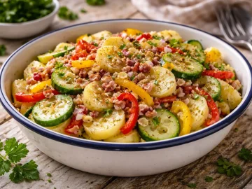 Kartoffelsalat mit Paprika Gurke und Speck in Emaille Salatschüssel auf rustikalem Holztisch
