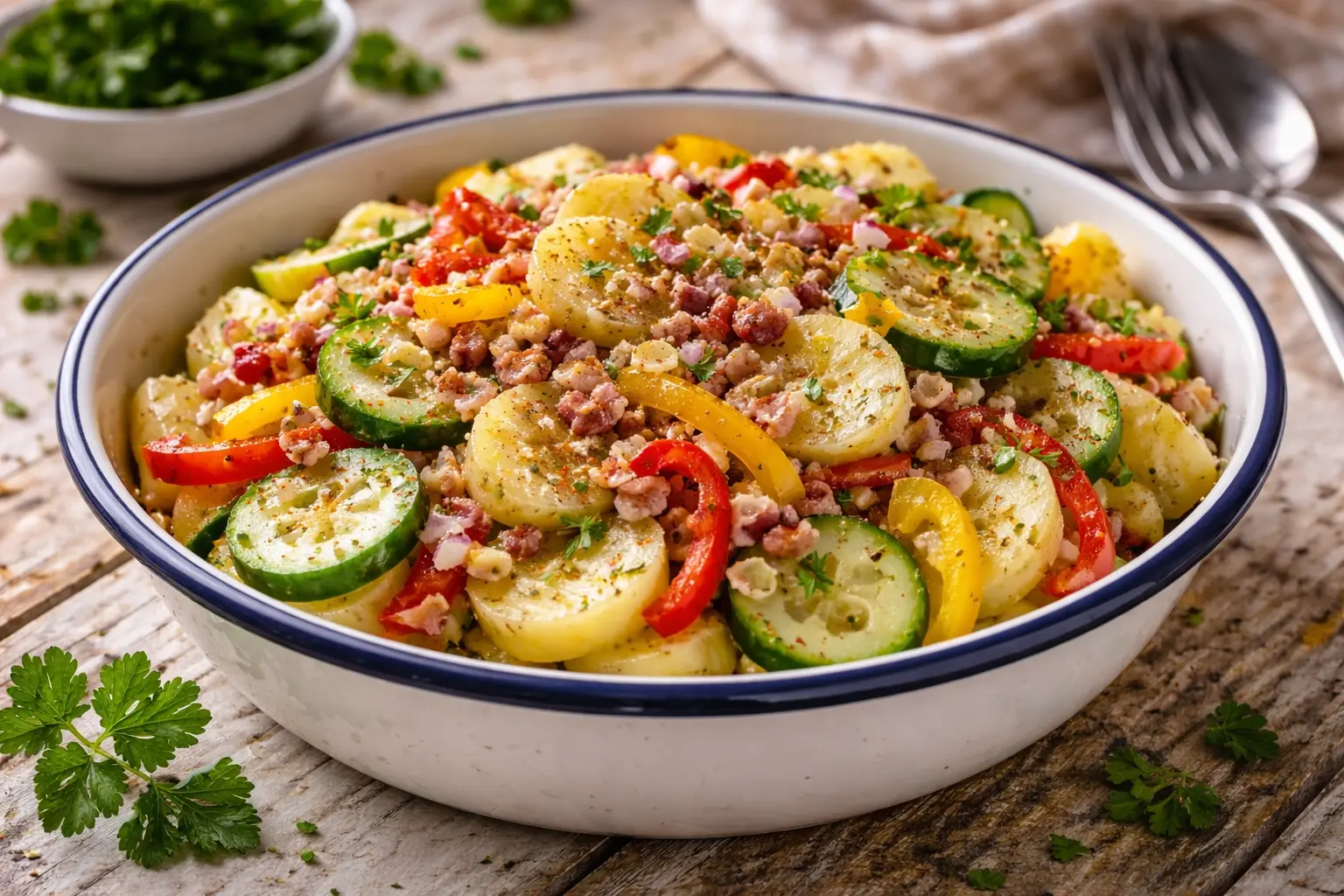 Kartoffelsalat mit Paprika Gurke und Speck in Emaille Salatschüssel auf rustikalem Holztisch