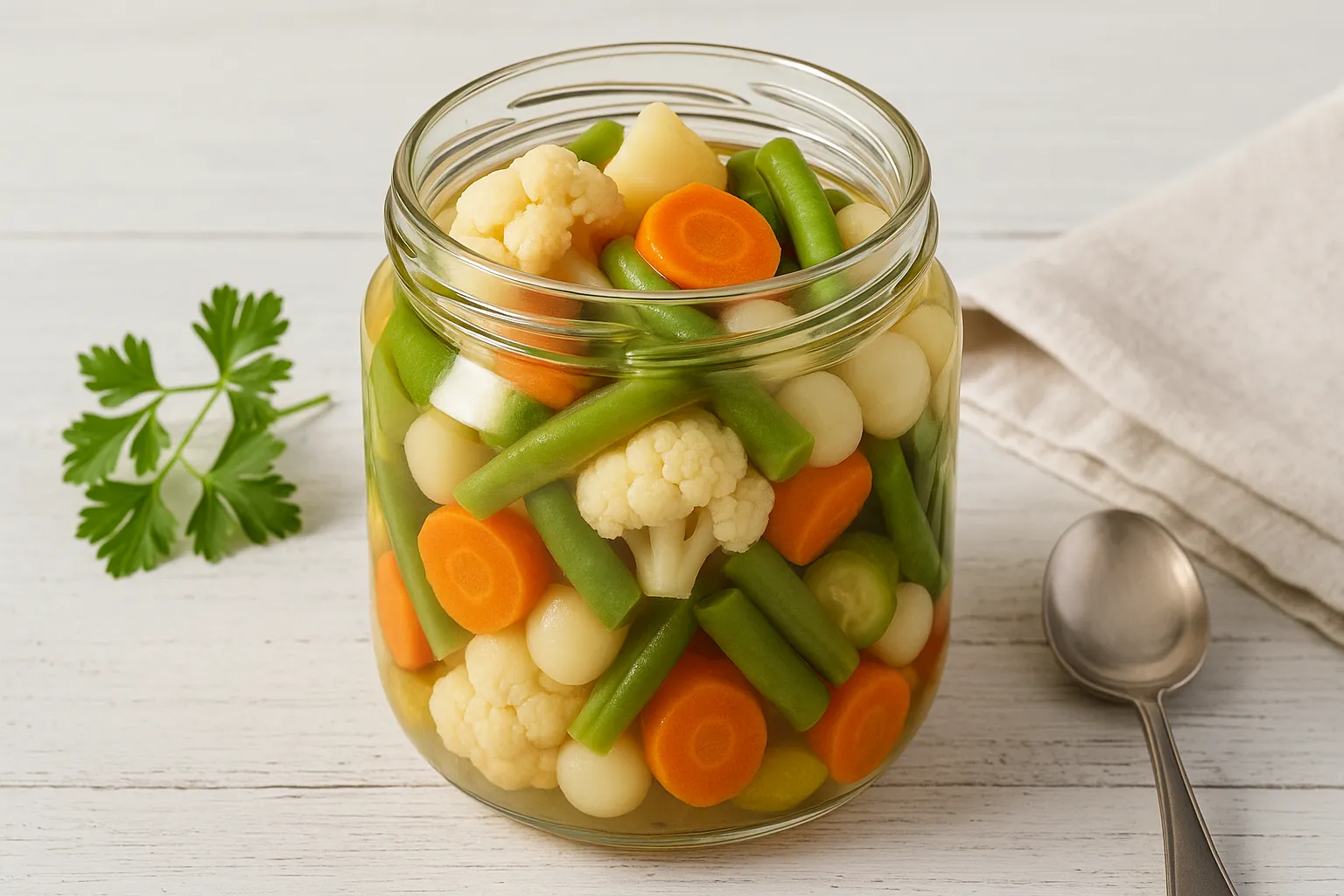  Buntes Gemüse wie Blumenkohl, Bohnen, Karotten, Gurken und Zwiebeln in einem Glas mit Essigsud.