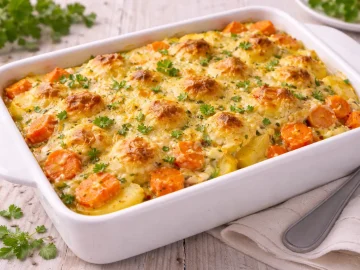 Auflaufform mit Möhrenauflauf und goldbrauner Käsekruste auf hellem Holztisch