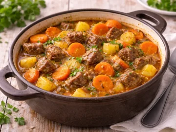 Rustikaler Topf mit Möhrengulasch aus Fleisch, Kartoffeln und Möhren auf hellem Holztisch