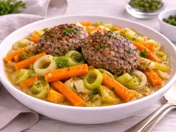 Möhrenpfanne mit Möhrenstiften, Porreeringen, Hackfleischfrikadellen und Petersilie in weißer Schüssel auf hellem Holztisch.