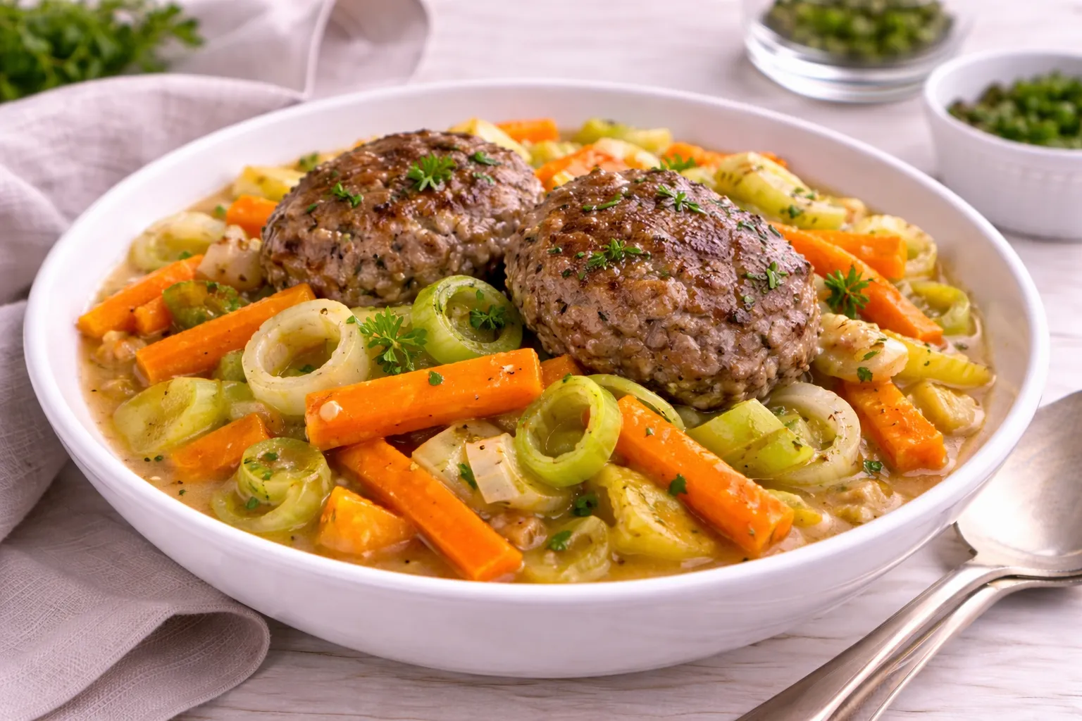 Möhrenpfanne mit Möhrenstiften, Porreeringen, Hackfleischfrikadellen und Petersilie in weißer Schüssel auf hellem Holztisch.