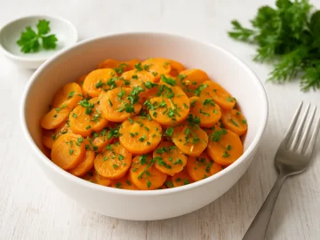 Möhrensalat mit Möhrenscheiben, Kräutern und Meerrettich in einer weißen Schüssel serviert