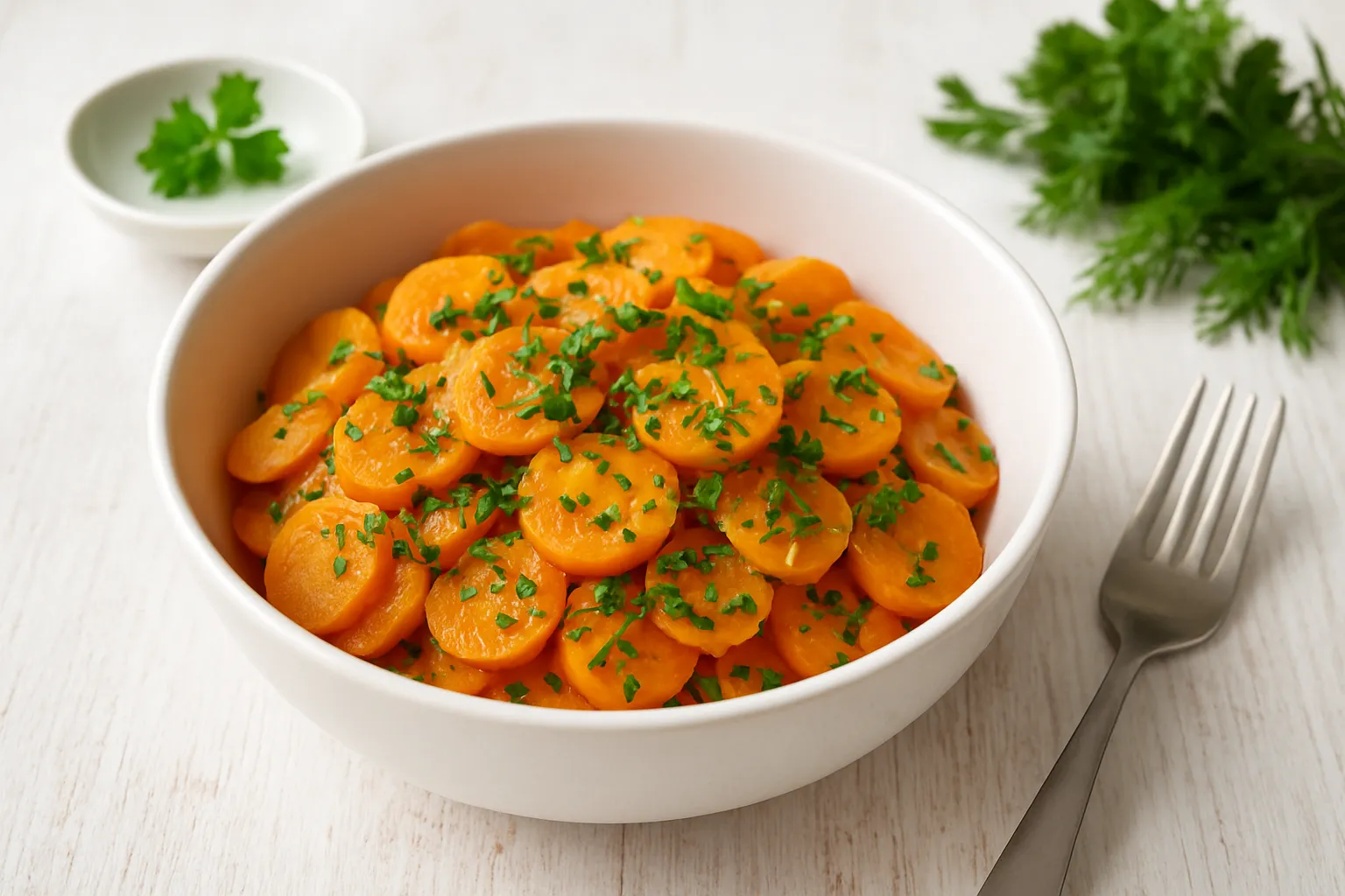 Möhrensalat mit Möhrenscheiben, Kräutern und Meerrettich in einer weißen Schüssel serviert