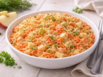 Möhrensalat mit Apfel und Weißkraut in cremiger Mayonnaise in Schüssel serviert