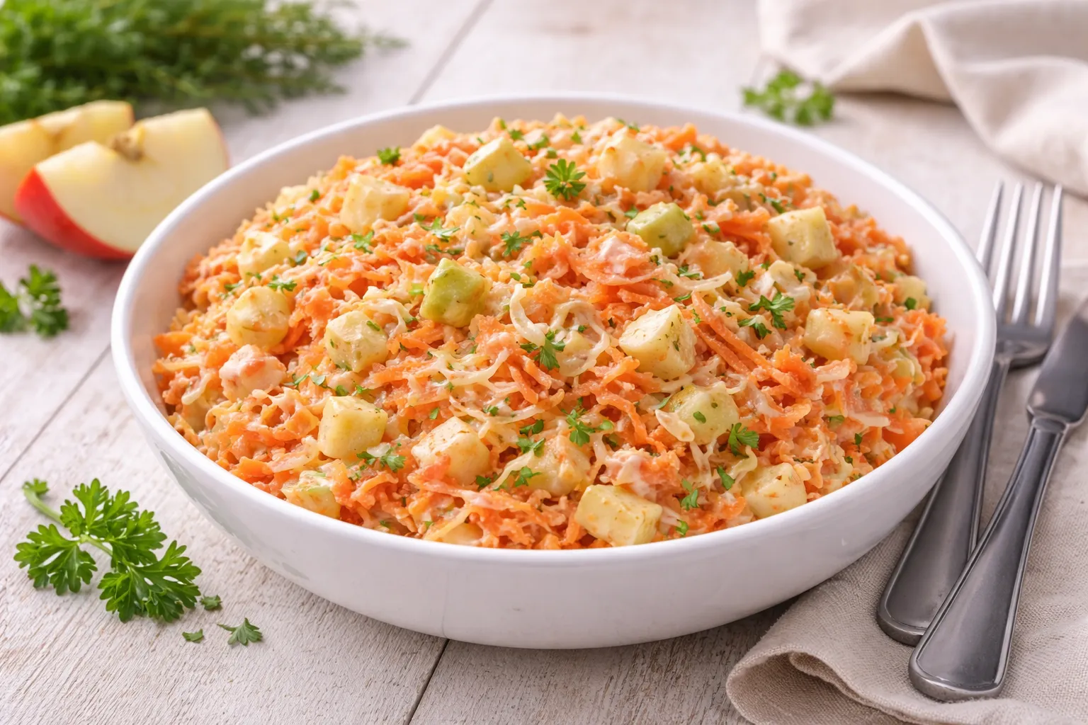 Möhrensalat mit Apfel und Weißkraut in cremiger Mayonnaise in Schüssel serviert