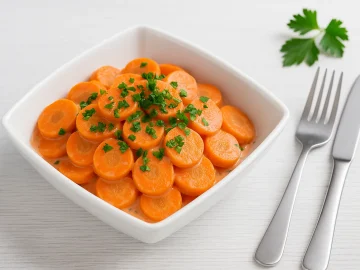 Möhrensalat mit Petersilie und cremigem Dressing in viereckiger Schüssel auf weißem Holztisch