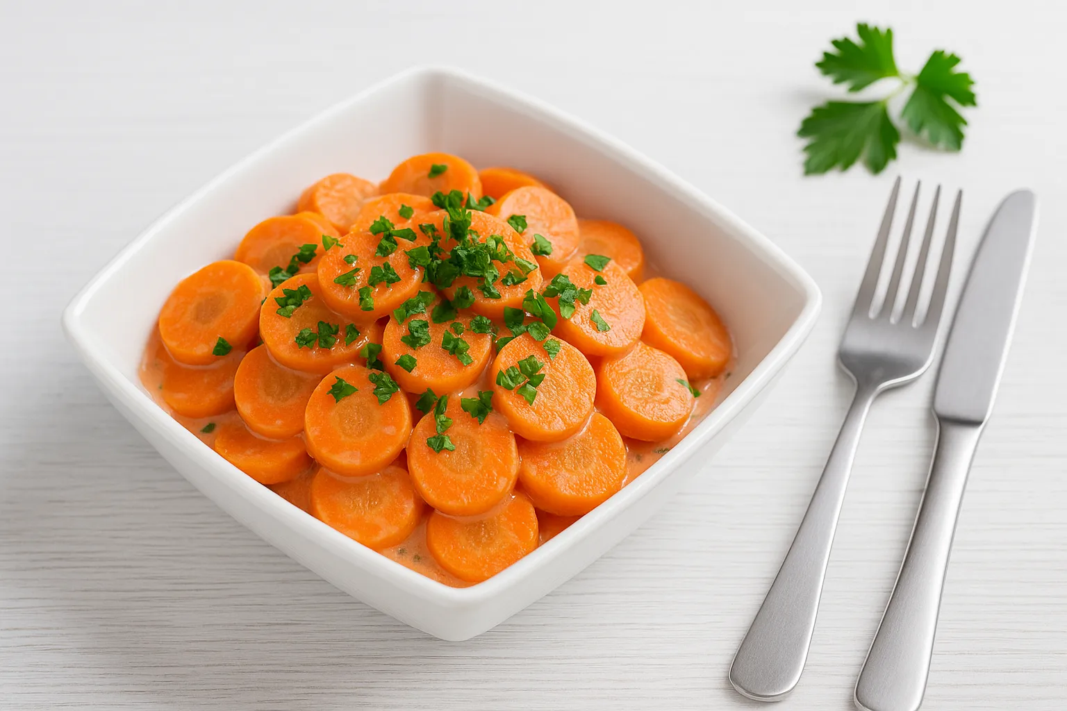 Möhrensalat mit Petersilie und cremigem Dressing in viereckiger Schüssel auf weißem Holztisch