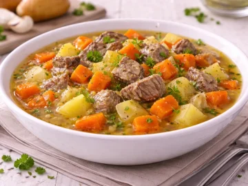 Tiefer weißer Teller mit Möhrentopf aus Kochfleisch, Kartoffel- und Möhrenwürfeln auf weißem Holzhintergrund