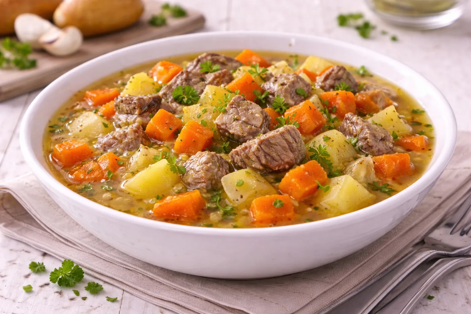 Tiefer weißer Teller mit Möhrentopf aus Kochfleisch, Kartoffel- und Möhrenwürfeln auf weißem Holzhintergrund