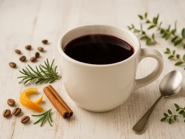 Weiße Tasse mit Mokka-Glühwein auf hellem Holzhintergrund, daneben Deko und Besteck