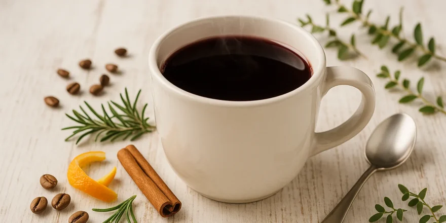 Weiße Tasse mit Mokka-Glühwein auf hellem Holzhintergrund, daneben Deko und Besteck