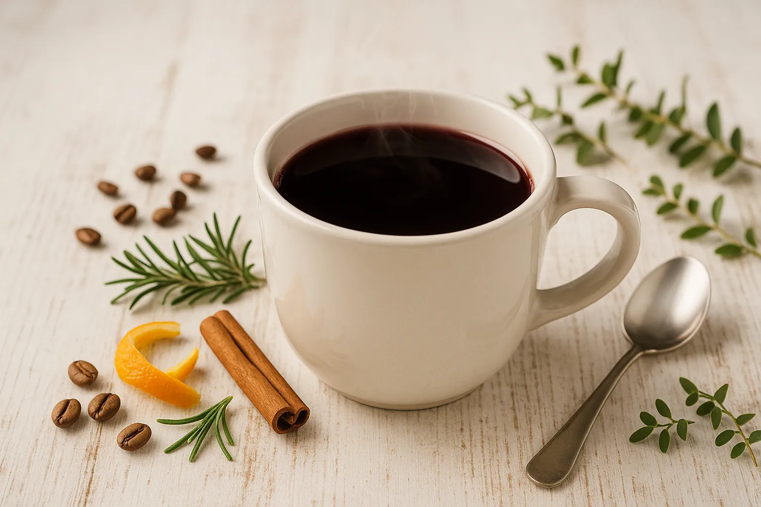 Weiße Tasse mit Mokka-Glühwein auf hellem Holzhintergrund, daneben Deko und Besteck