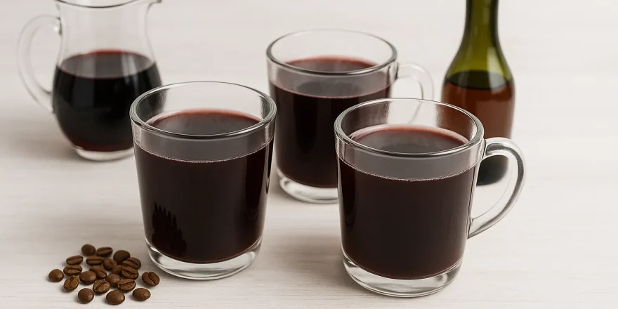 Gläser mit heißem Mokkaglühwein auf weißem Holzhintergrund, dekoriert mit Kaffee, Rotwein und Weinbrand.