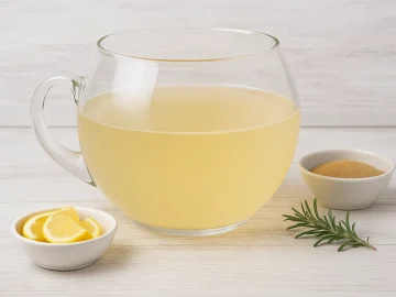 Glasgefäß mit Mondschein-Bowle aus Wein, Süßwein und Sekt auf hellem Holzuntergrund