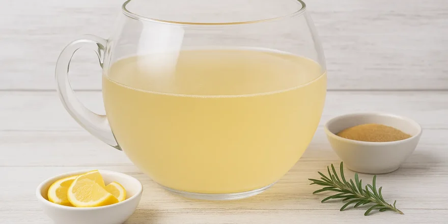 Glasgefäß mit Mondschein-Bowle aus Wein, Süßwein und Sekt auf hellem Holzuntergrund